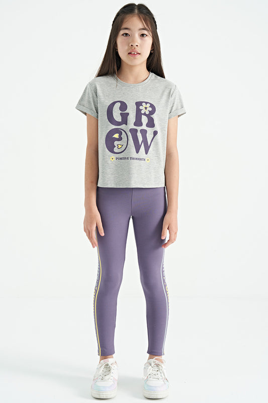 Grey - Light Lavender Print Detailed O Collar Girl's Tights Set - 75134