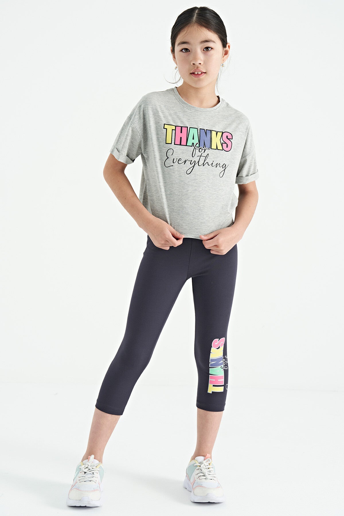 Grey Melange - Anthracite Print Oversize Girls' Crop Tights Set - 75133
