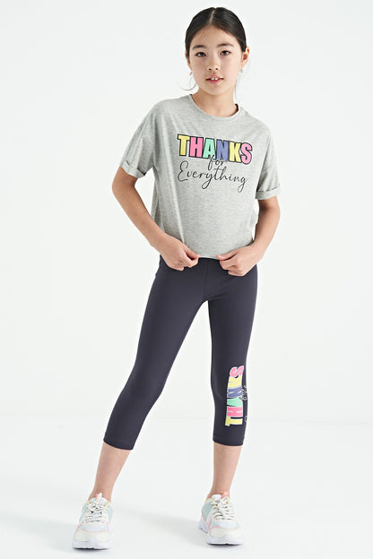 Grey Melange - Anthracite Print Oversize Girls' Crop Tights Set - 75133