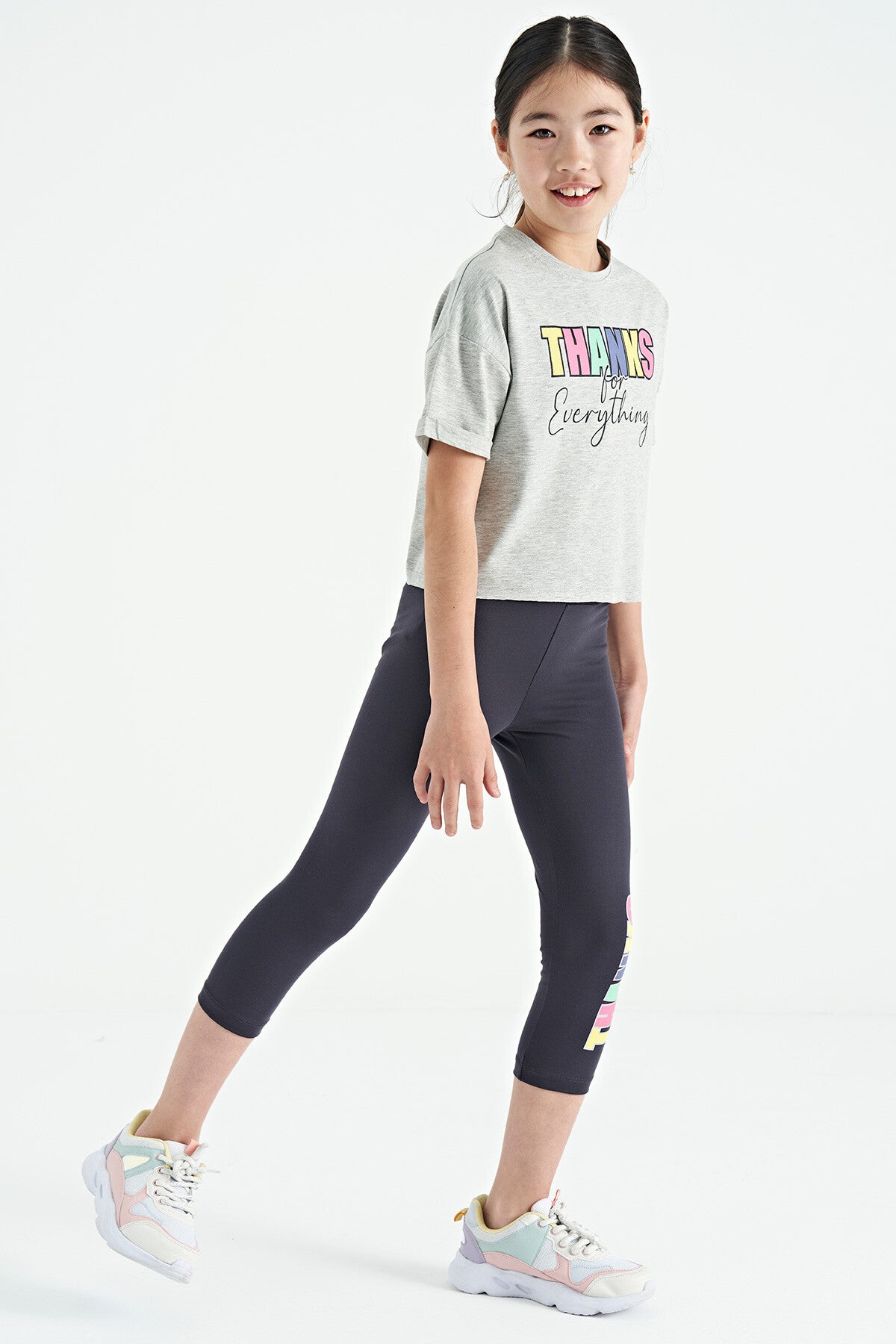 Grey Melange - Anthracite Print Oversize Girls' Crop Tights Set - 75133