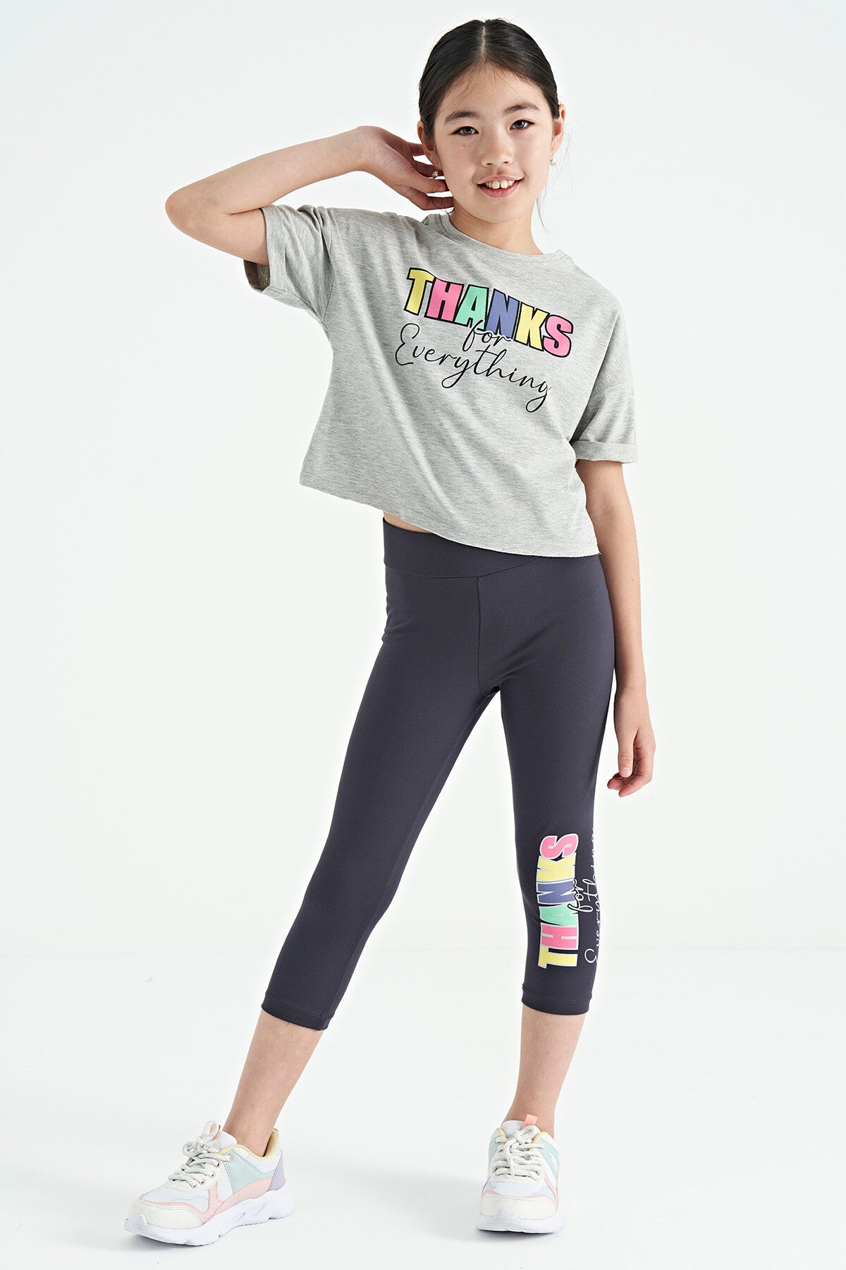 Grey Melange - Anthracite Print Oversize Girls' Crop Tights Set - 75133