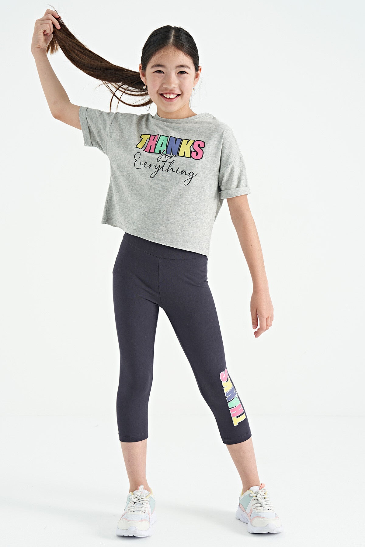 Grey Melange - Anthracite Print Oversize Girls' Crop Tights Set - 75133
