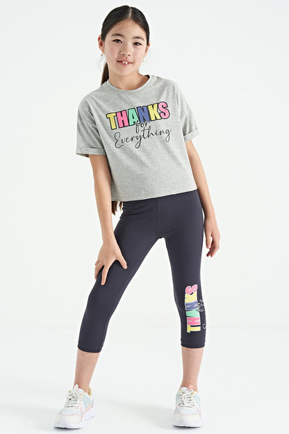 Grey Melange - Anthracite Print Oversize Girls' Crop Tights Set - 75133