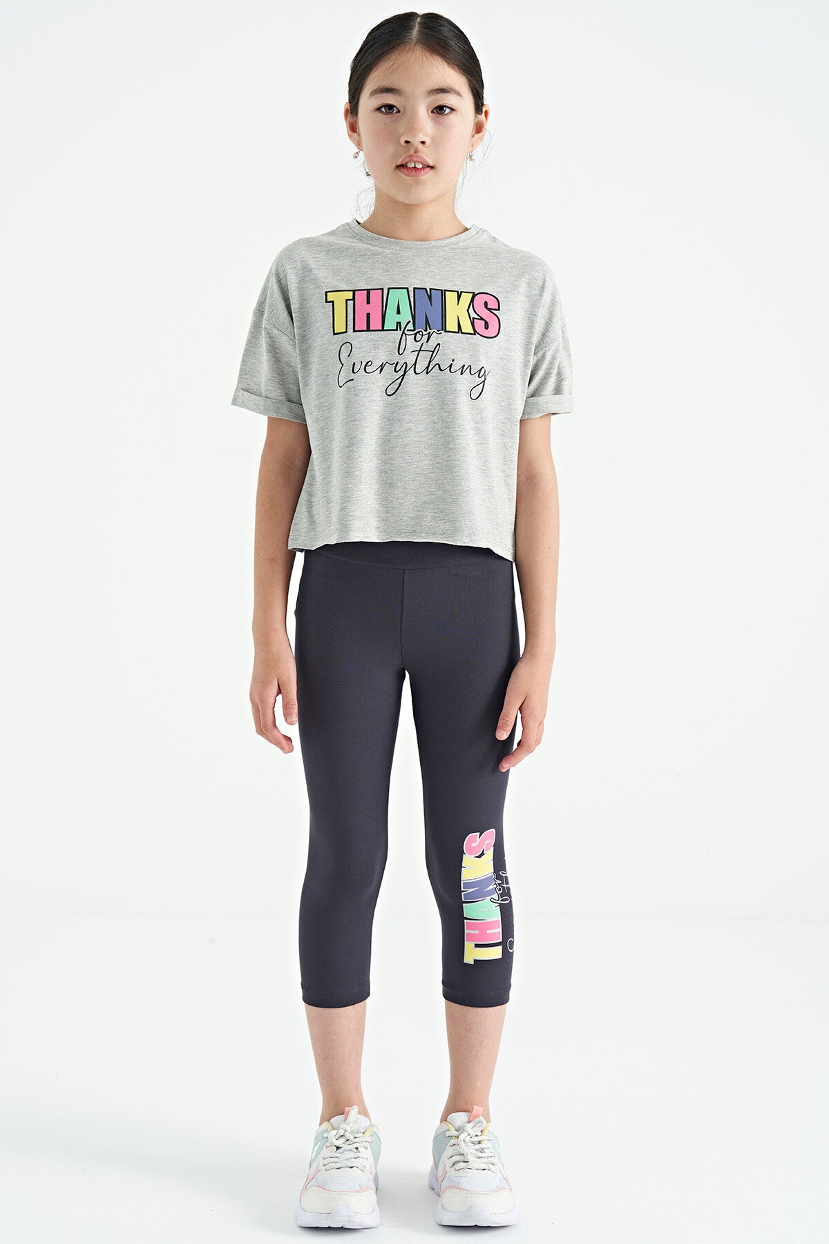Grey Melange - Anthracite Print Oversize Girls' Crop Tights Set - 75133