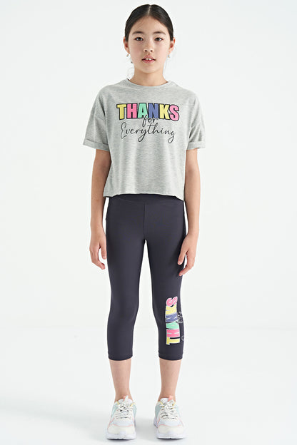 Grey Melange - Anthracite Print Oversize Girls' Crop Tights Set - 75133
