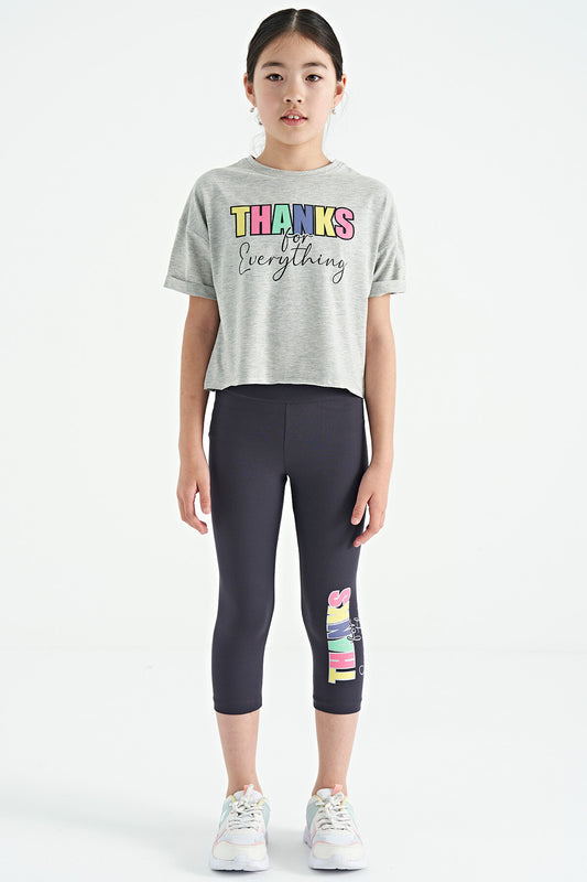 Grey Melange - Anthracite Print Oversize Girls' Crop Tights Set - 75133