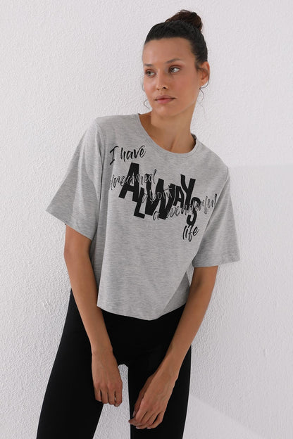 Gray Melange Asymmetric Print O Collar Women's Oversize T-Shirt - 97136