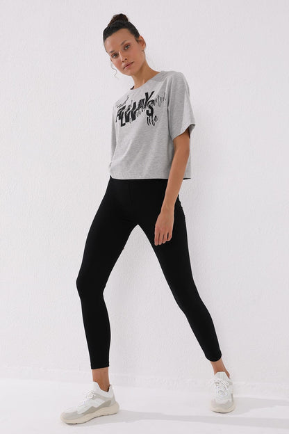 Gray Melange Asymmetric Print O Collar Women's Oversize T-Shirt - 97136