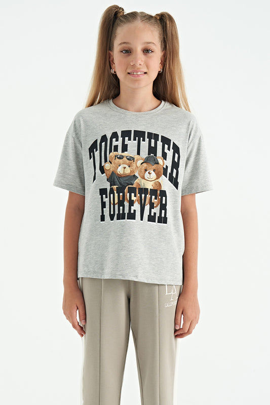 Grey Melange Bear Print O Collar Oversize Short Sleeve Girl's T-Shirt - 75116