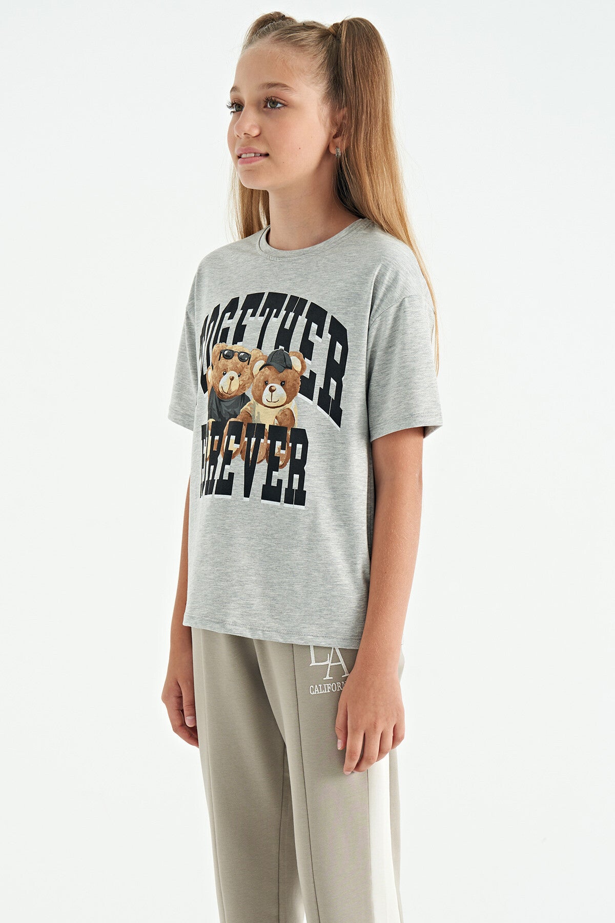 Grey Melange Bear Print O Collar Oversize Short Sleeve Girl's T-Shirt - 75116
