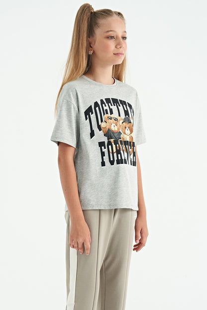 Grey Melange Bear Print O Collar Oversize Short Sleeve Girl's T-Shirt - 75116