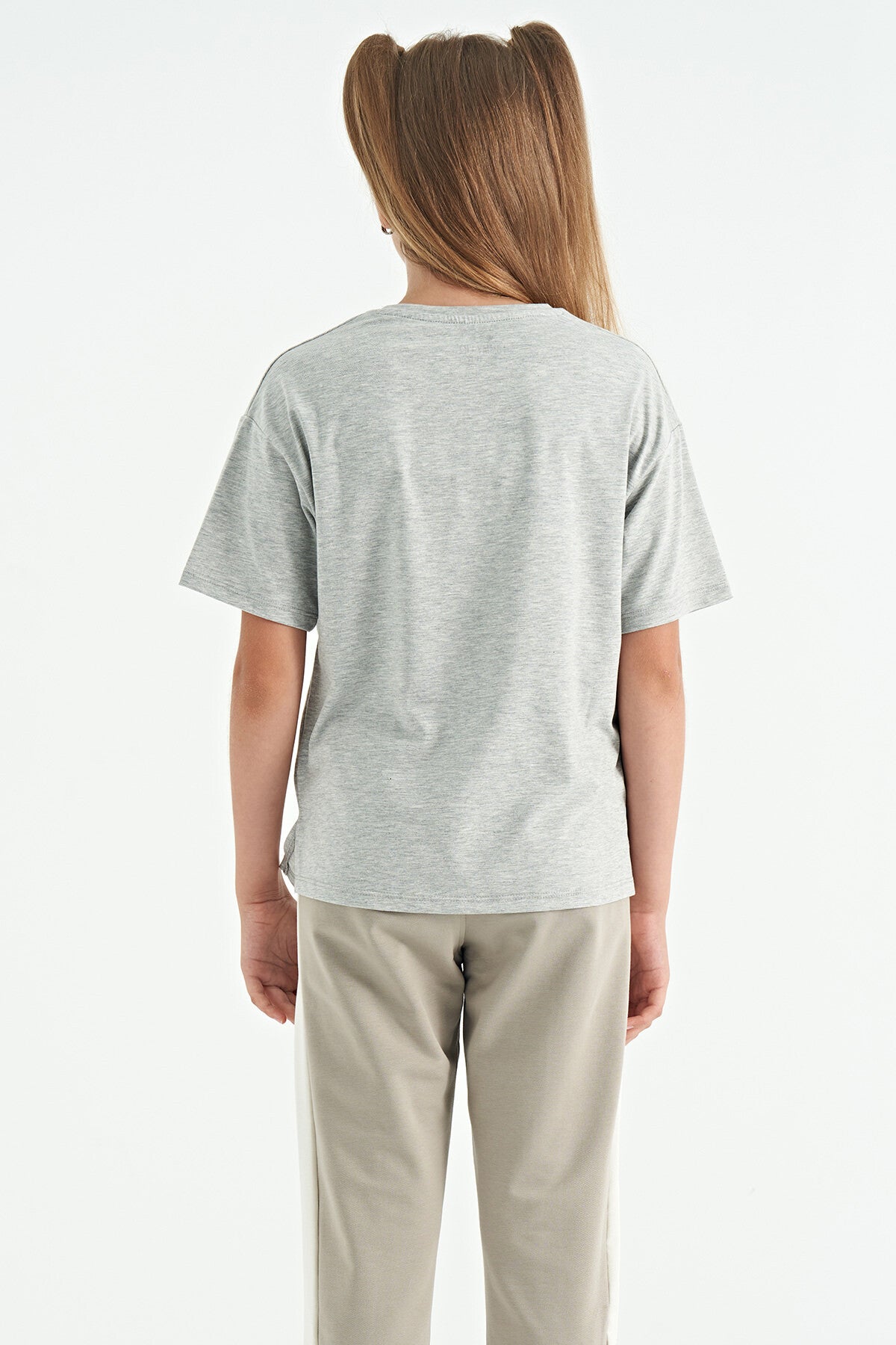 Grey Melange Bear Print O Collar Oversize Short Sleeve Girl's T-Shirt - 75116