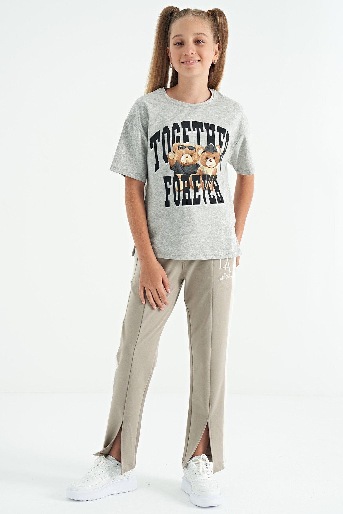 Grey Melange Bear Print O Collar Oversize Short Sleeve Girl's T-Shirt - 75116