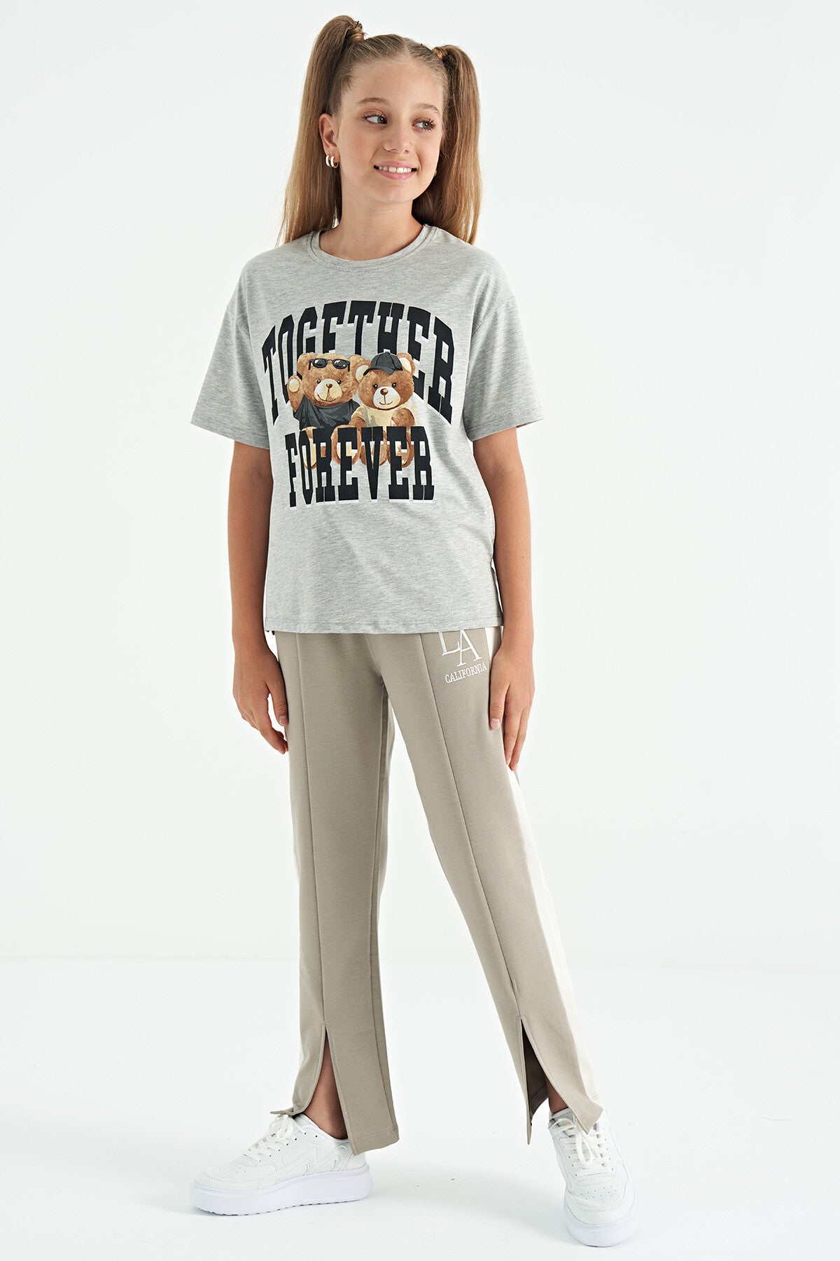 Grey Melange Bear Print O Collar Oversize Short Sleeve Girl's T-Shirt - 75116