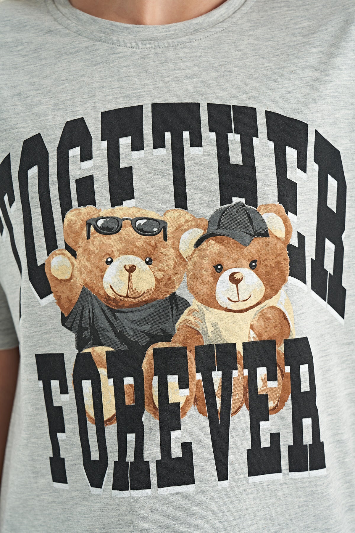 Grey Melange Bear Print O Collar Oversize Short Sleeve Girl's T-Shirt - 75116