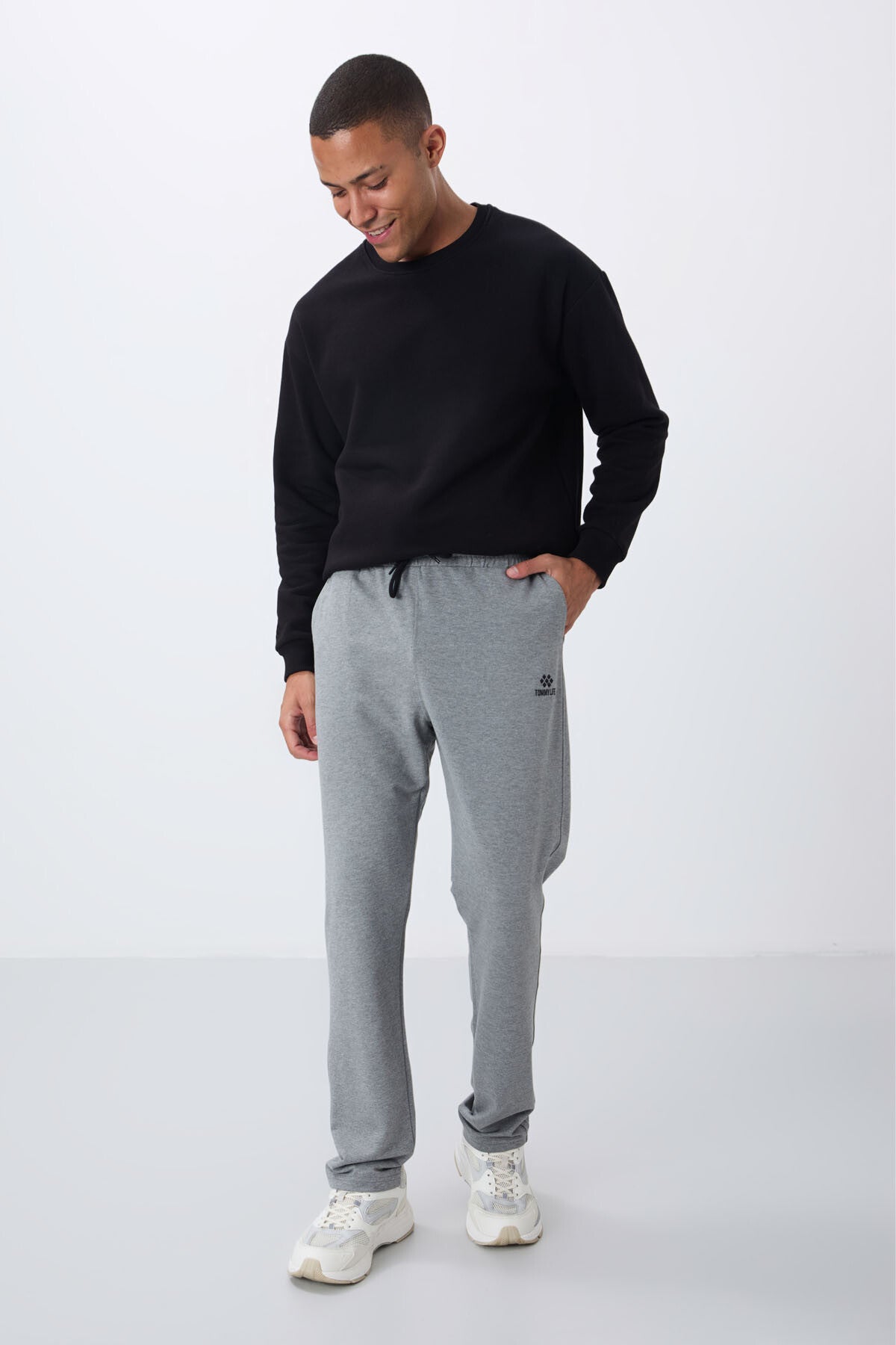 Grey Melange Laced Hem Standard Fit Classic Leg Men's Tracksuit Bottom - 84682