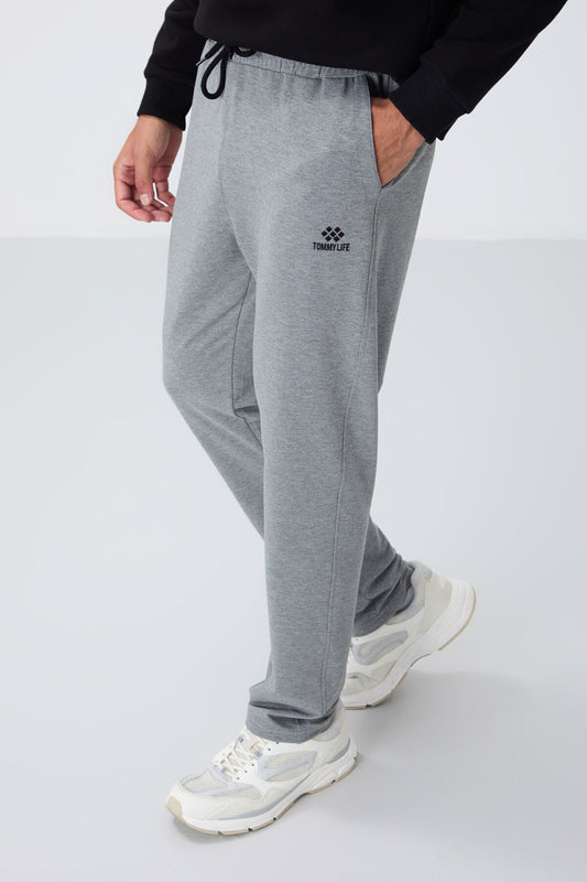 Grey Melange Laced Hem Standard Fit Classic Leg Men's Tracksuit Bottom - 84682