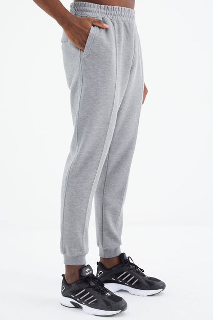 Grey Melange Laced Hem Detailed Standard Fit Men's Tracksuit Bottom - 84994