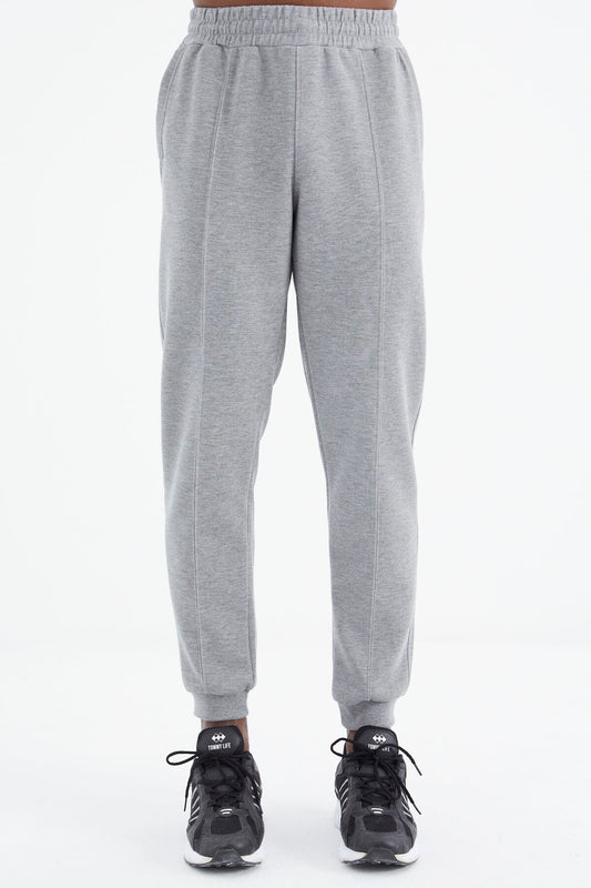 Grey Melange Laced Hem Detailed Standard Fit Men's Tracksuit Bottom - 84994
