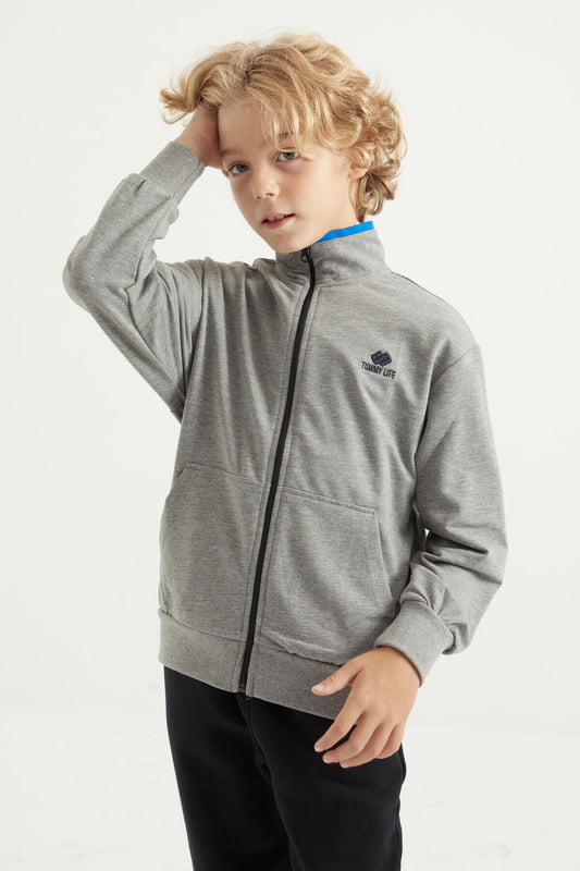 Grey Melange Basic Thick Collar Standard Fit Embroidered Detailed Zippered Men's Sweatshirt - 11012