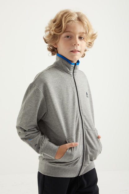 Grey Melange Basic Thick Collar Standard Fit Embroidered Detailed Zippered Men's Sweatshirt - 11012