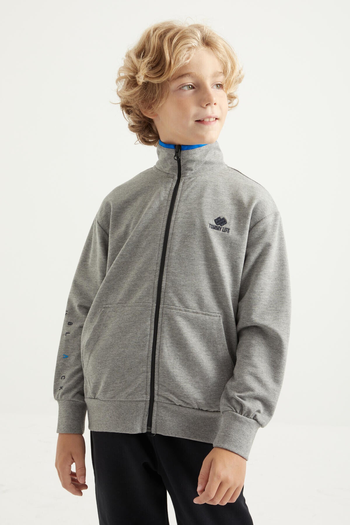 Grey Melange Basic Thick Collar Standard Fit Embroidered Detailed Zippered Men's Sweatshirt - 11012