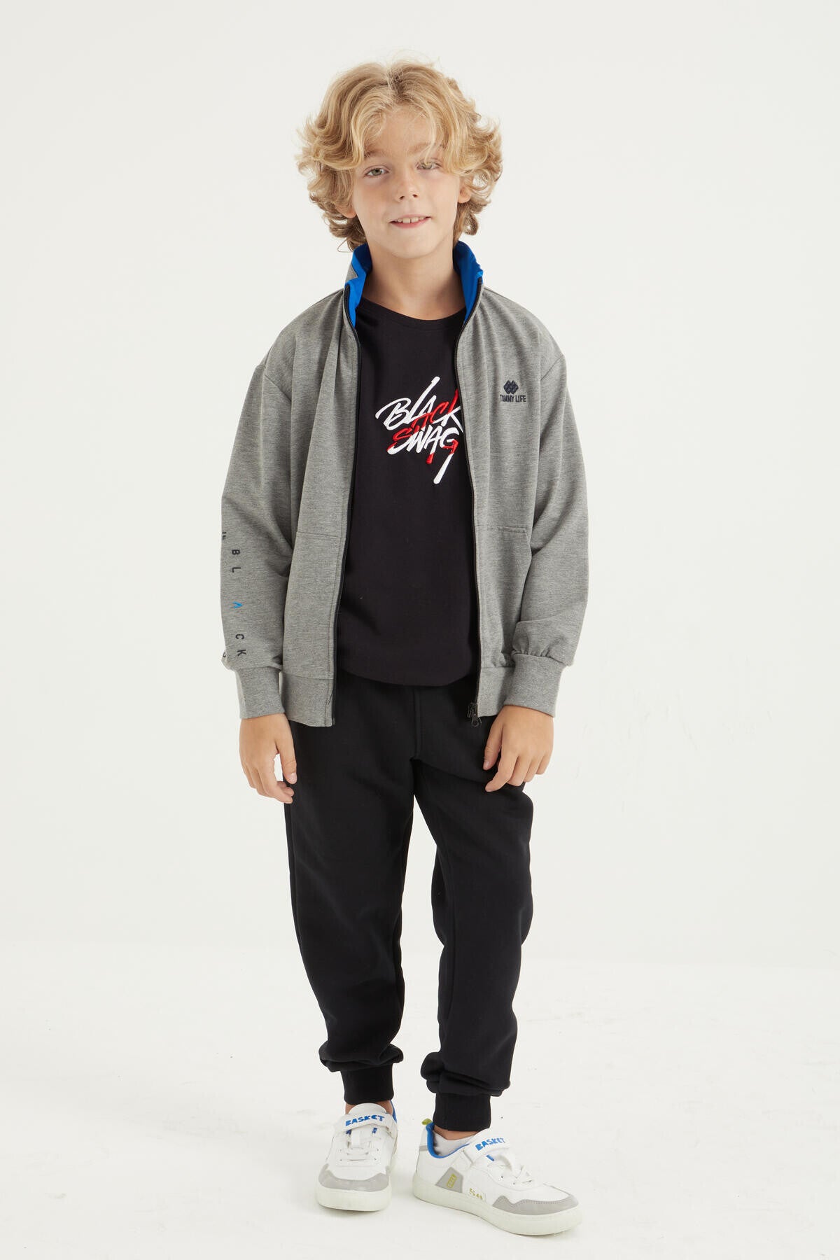 Grey Melange Basic Thick Collar Standard Fit Embroidered Detailed Zippered Men's Sweatshirt - 11012