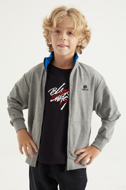 Grey Melange Basic Thick Collar Standard Fit Embroidered Detailed Zippered Men's Sweatshirt - 11012