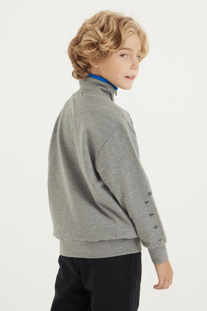 Grey Melange Basic Thick Collar Standard Fit Embroidered Detailed Zippered Men's Sweatshirt - 11012