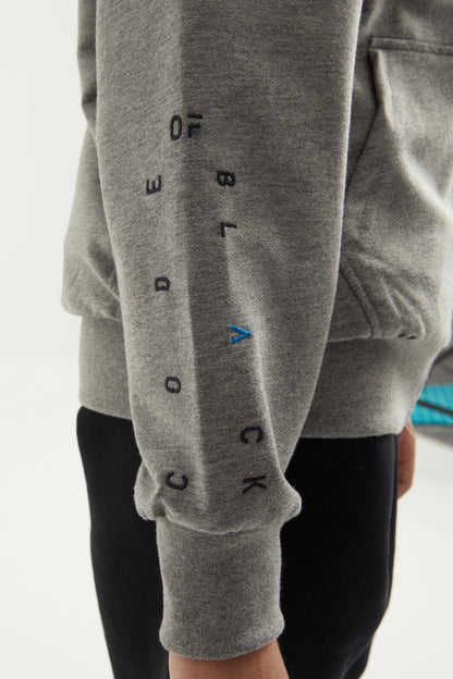 Grey Melange Basic Thick Collar Standard Fit Embroidered Detailed Zippered Men's Sweatshirt - 11012