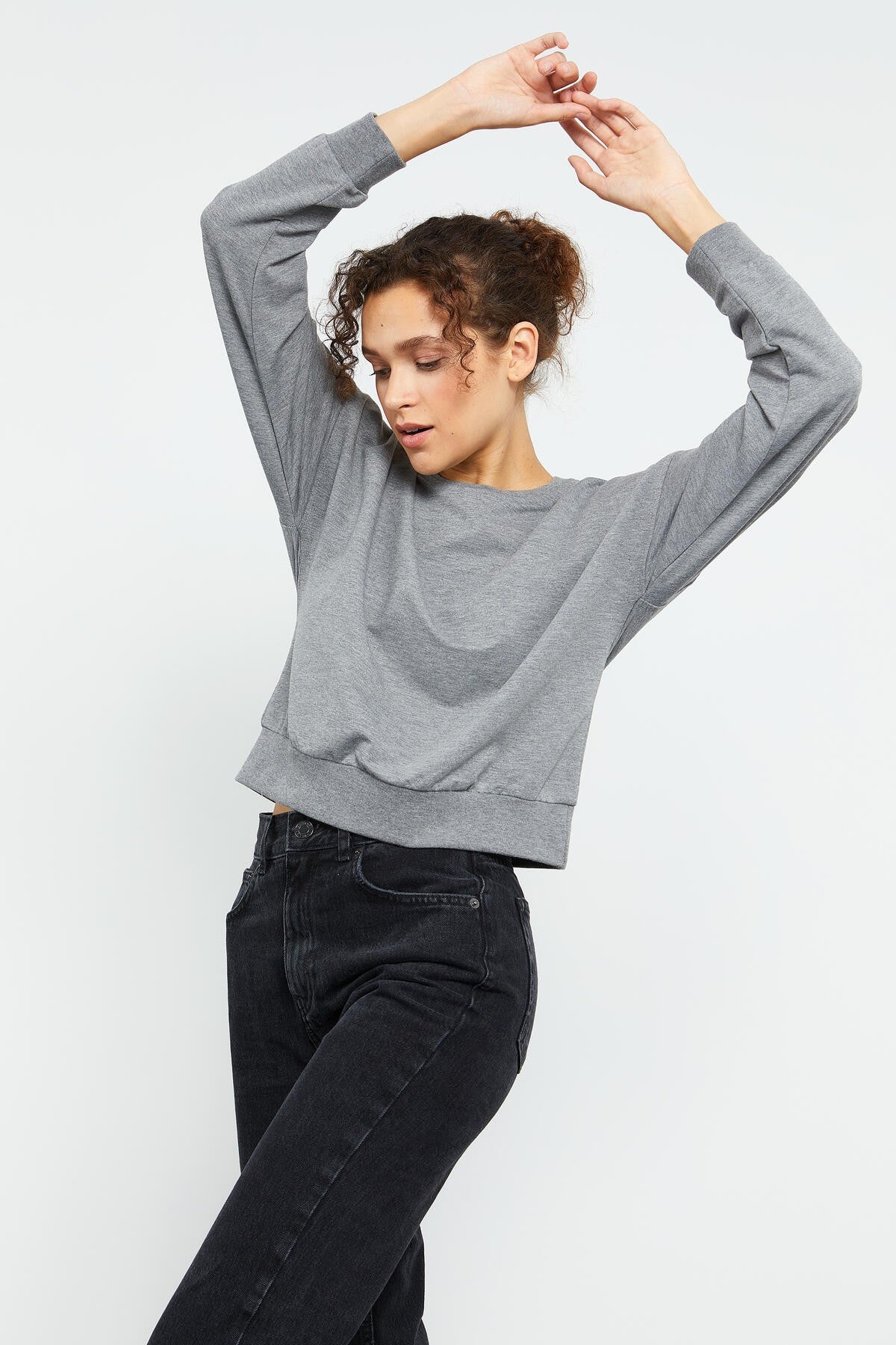 Grey Melange Basic Comfort Fit O Neck Women's Sweatshirt - 97114