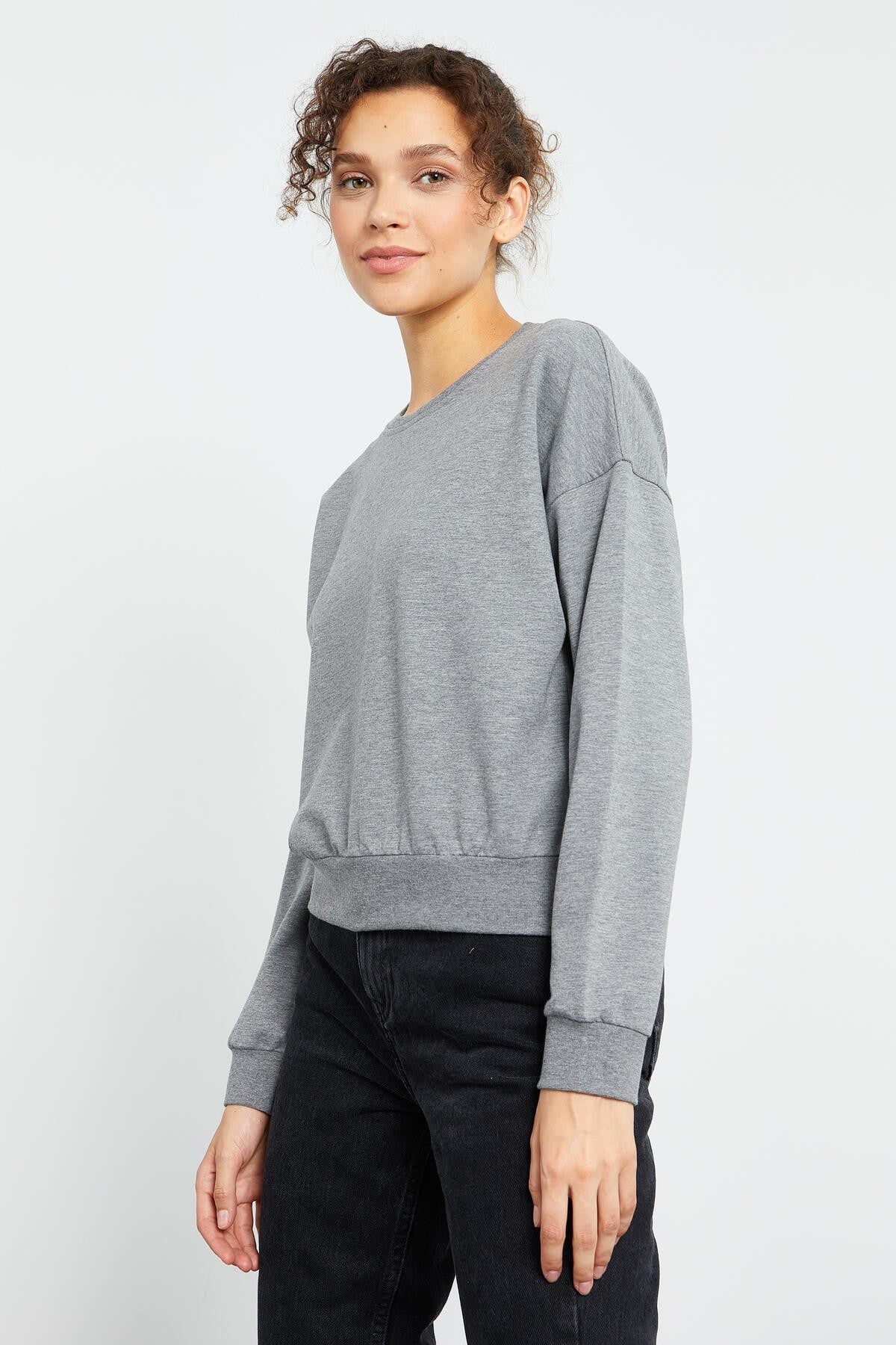 Grey Melange Basic Comfort Fit O Neck Women's Sweatshirt - 97114