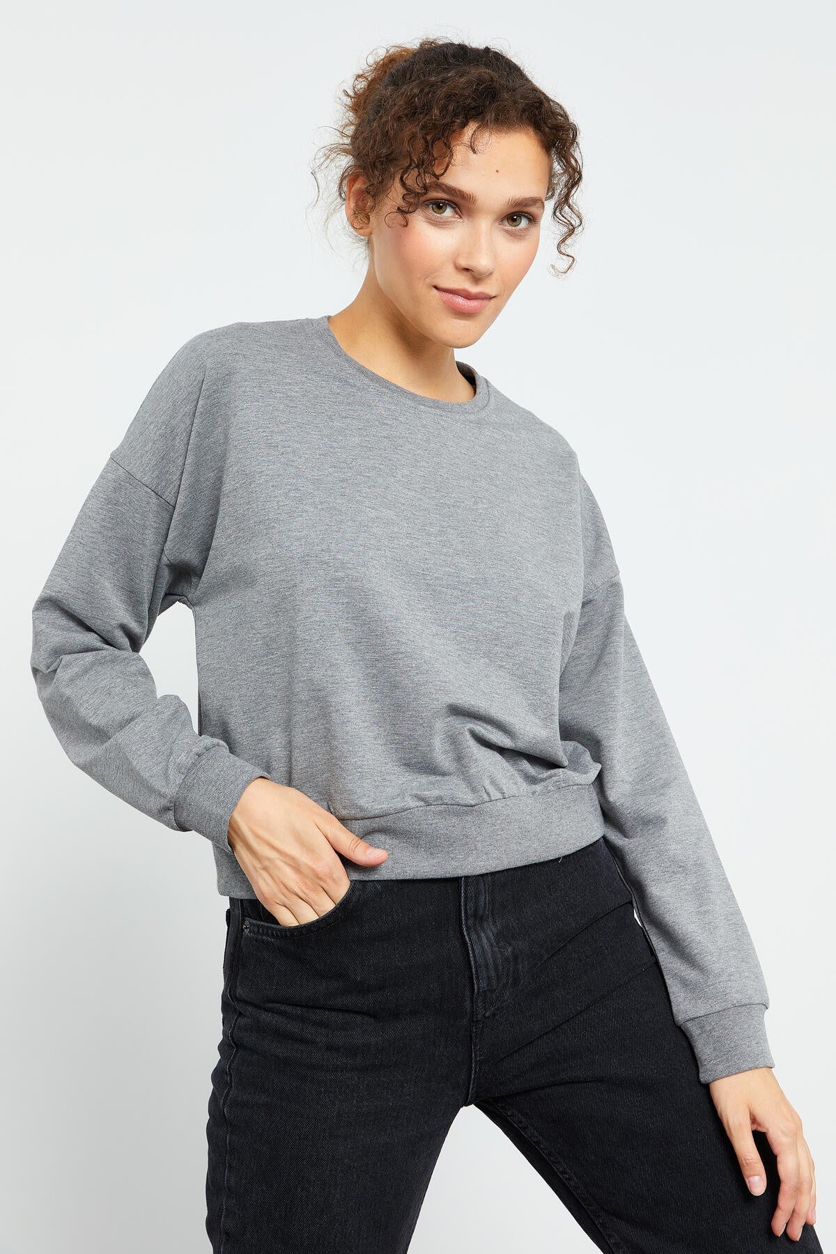 Grey Melange Basic Comfort Fit O Neck Women's Sweatshirt - 97114