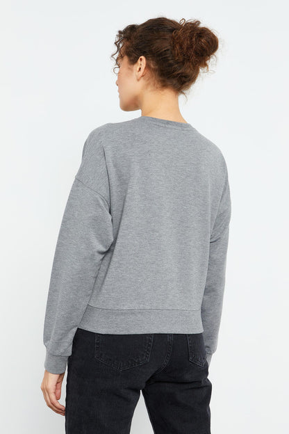 Grey Melange Basic Comfort Fit O Neck Women's Sweatshirt - 97114