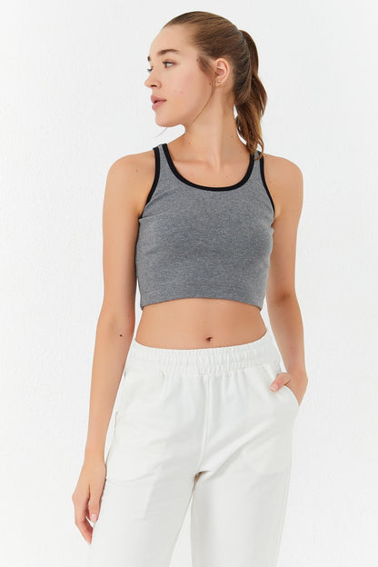 Grey Melange Basic Zero Sleeve Narrow Fit U Collar Women's Crop Top Singlet - 97162
