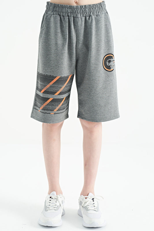 Gray Melange Print Detailed Laced Standard Fit Boys Shorts - 11125