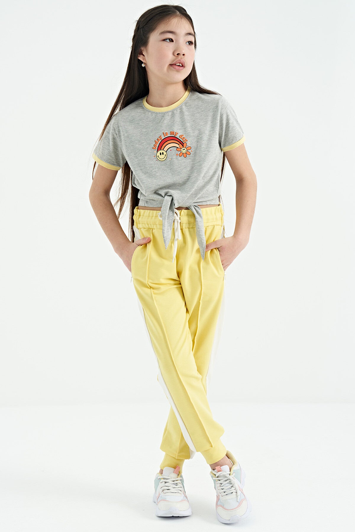 Grey Melange Print Detailed O Neck Multicolor Tie Detailed Girl's T-Shirt - 75113
