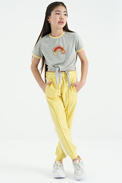 Grey Melange Print Detailed O Neck Multicolor Tie Detailed Girl's T-Shirt - 75113