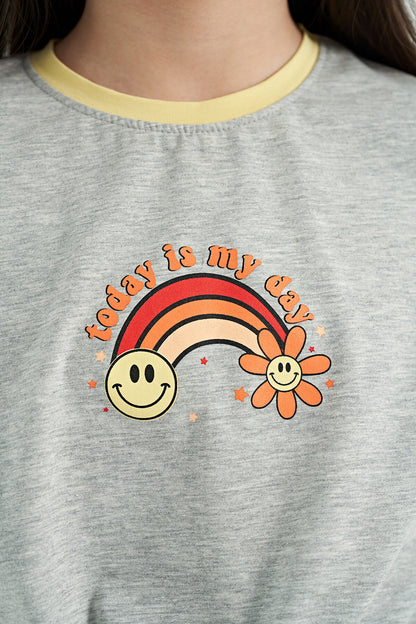 Grey Melange Print Detailed O Neck Multicolor Tie Detailed Girl's T-Shirt - 75113