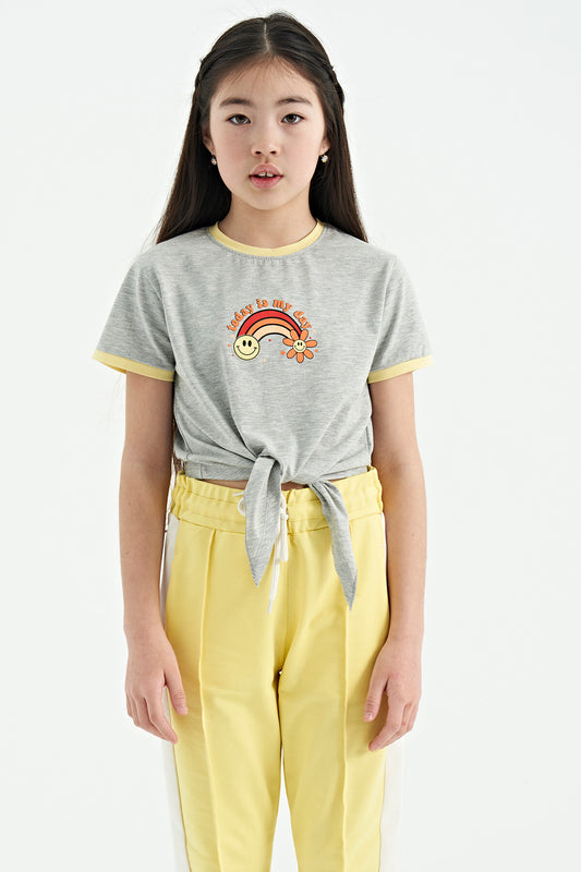 Grey Melange Print Detailed O Neck Multicolor Tie Detailed Girl's T-Shirt - 75113