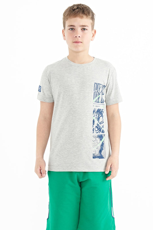 Gray Melange Print Detailed O Neck Standard Fit Boys' T-Shirt - 11104