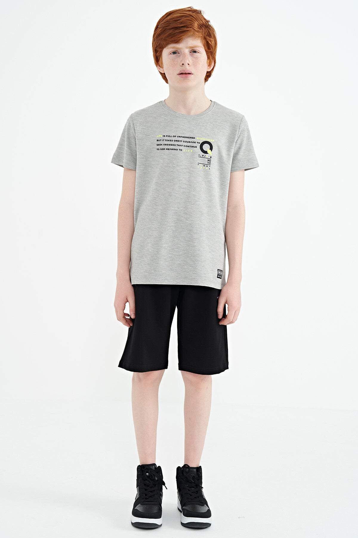 Grey Melange Print Detailed O Neck Standard Fit Boys' T-Shirt - 11145
