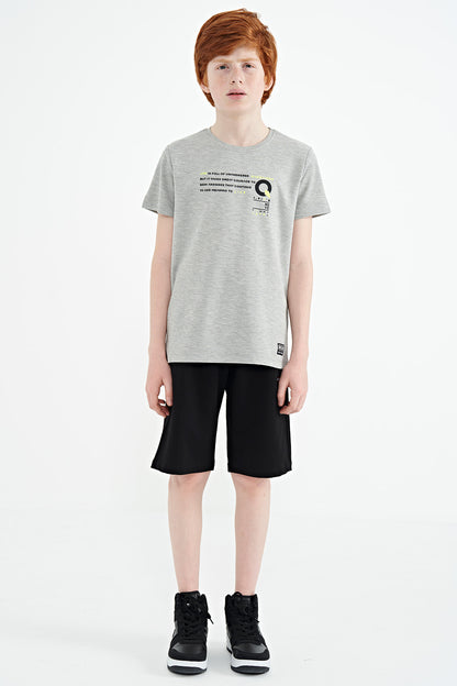 Grey Melange Print Detailed O Neck Standard Fit Boys' T-Shirt - 11145