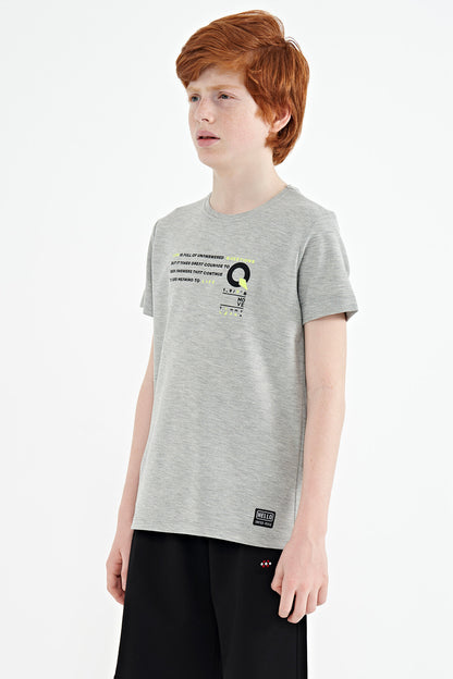 Grey Melange Print Detailed O Neck Standard Fit Boys' T-Shirt - 11145