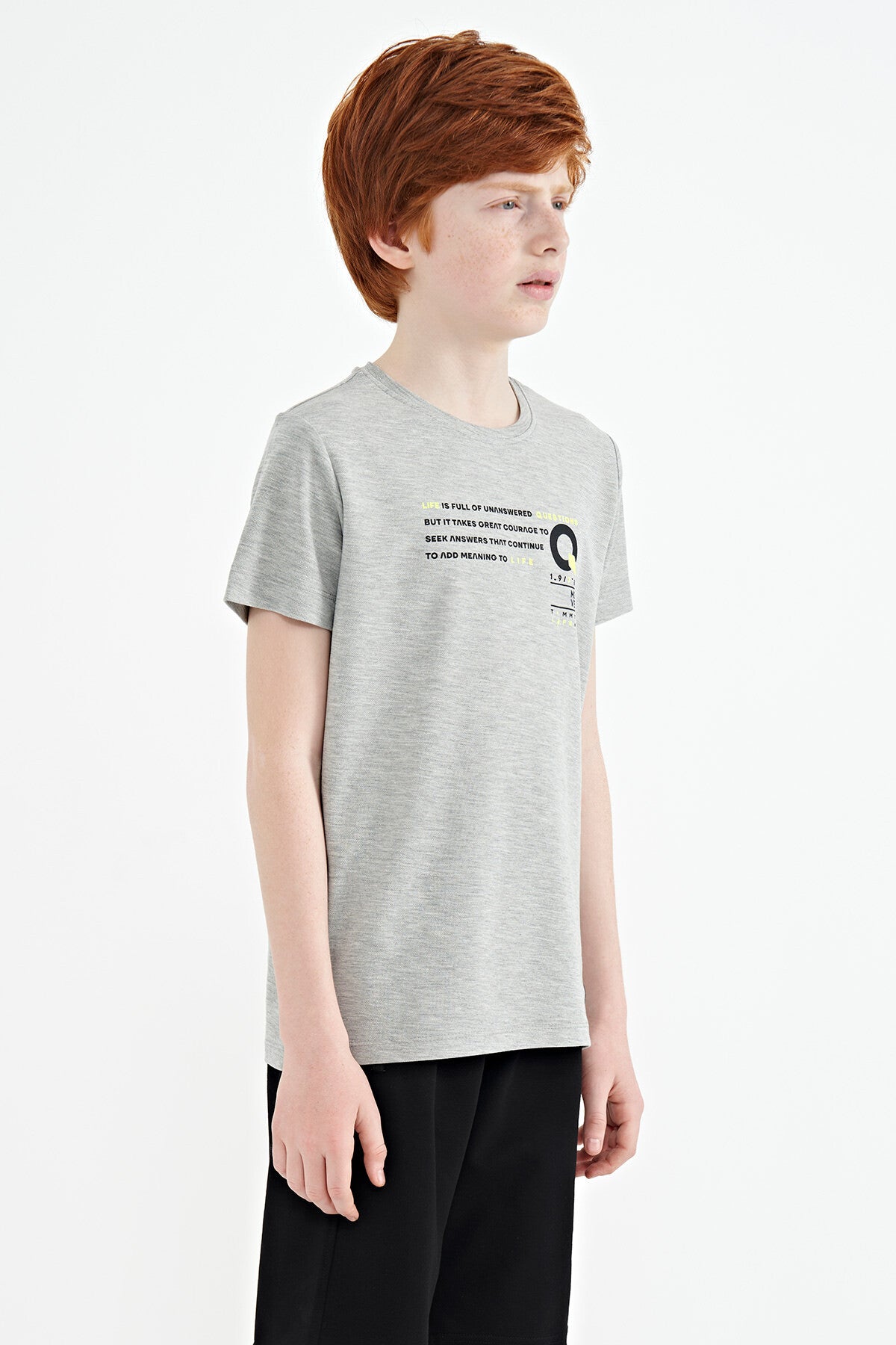 Grey Melange Print Detailed O Neck Standard Fit Boys' T-Shirt - 11145