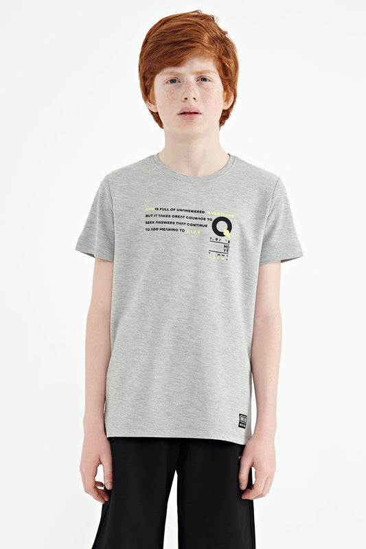 Grey Melange Print Detailed O Neck Standard Fit Boys' T-Shirt - 11145