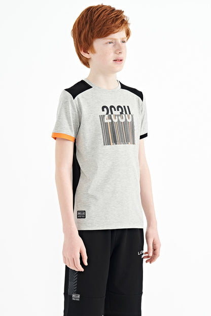Grey Melange Print Detailed O Collar Standard Fit Boys T-Shirt - 11157