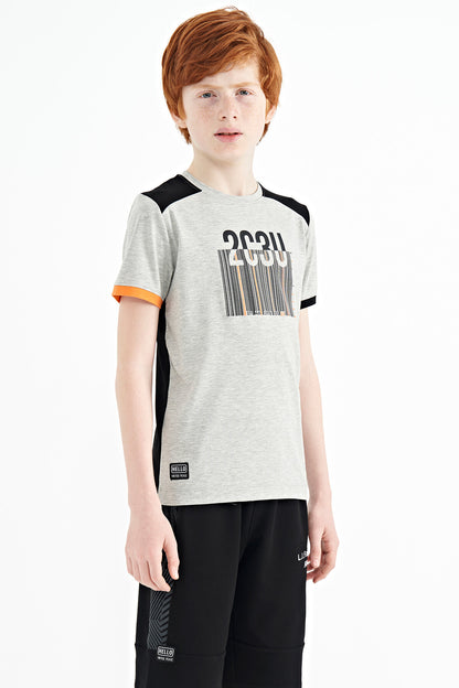 Grey Melange Print Detailed O Collar Standard Fit Boys T-Shirt - 11157