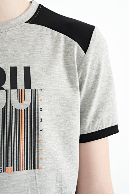 Grey Melange Print Detailed O Collar Standard Fit Boys T-Shirt - 11157