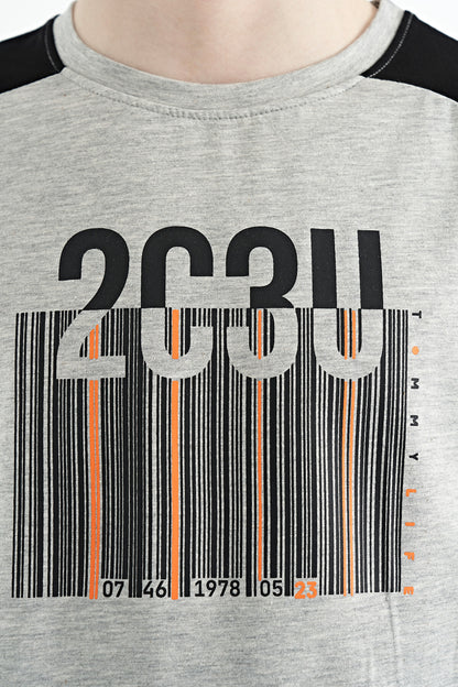 Grey Melange Print Detailed O Collar Standard Fit Boys T-Shirt - 11157